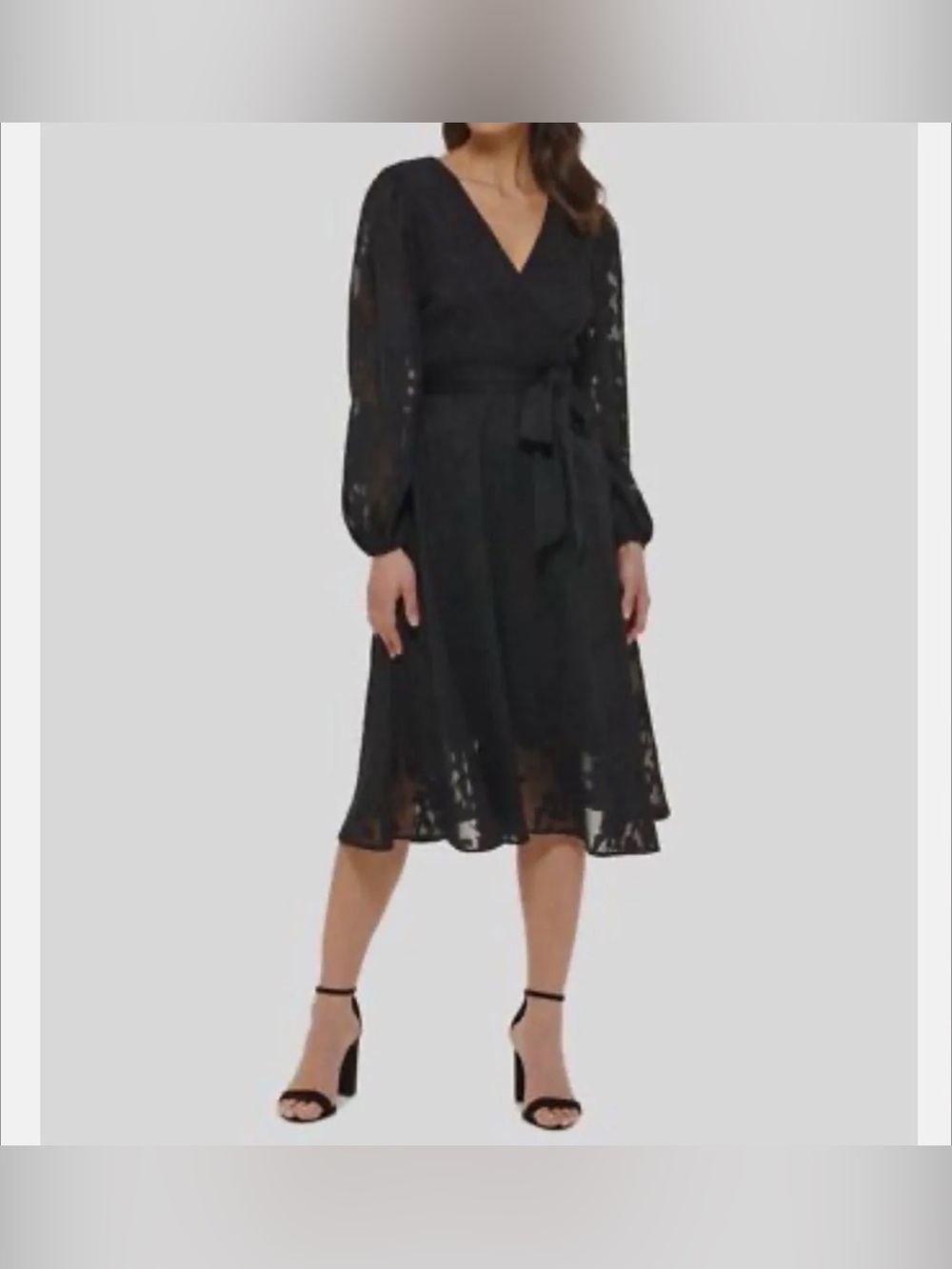 Kensie Black Metallic Chiffon V-Neck Long Sleeve Midi Dress Size 4 NWT